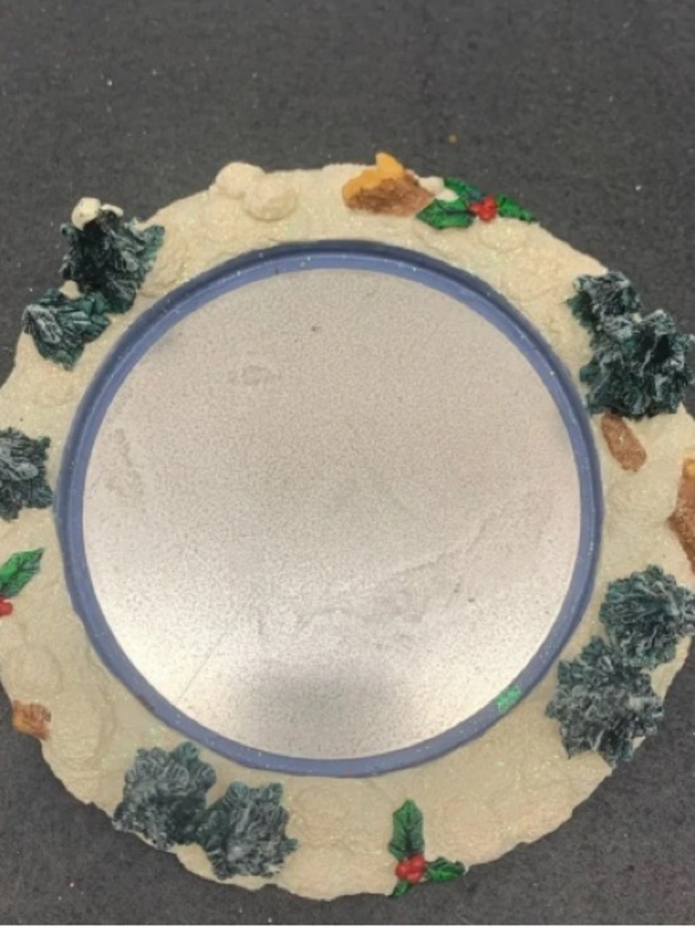 Festive Round Holiday Mirror with Cream Frame and Green Tree Accents